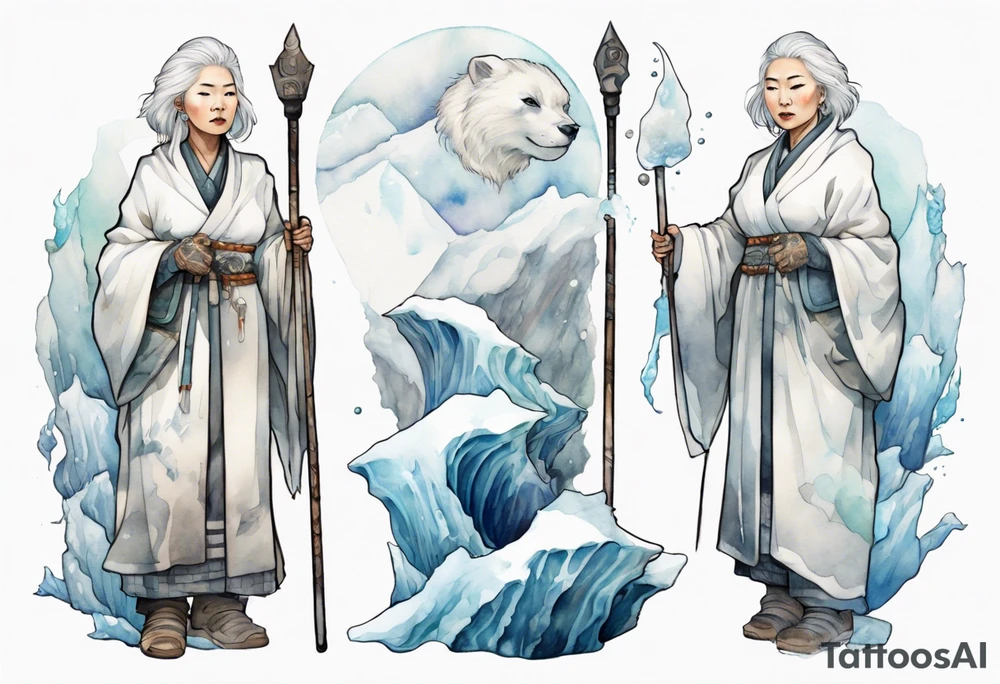 a 40 year old Inuit woman with white hair and a white robe holding a silver and white staff, standing on an iceberg tattoo idea