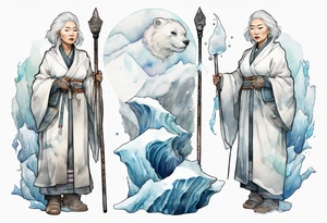 a 40 year old Inuit woman with white hair and a white robe holding a silver and white staff, standing on an iceberg tattoo idea