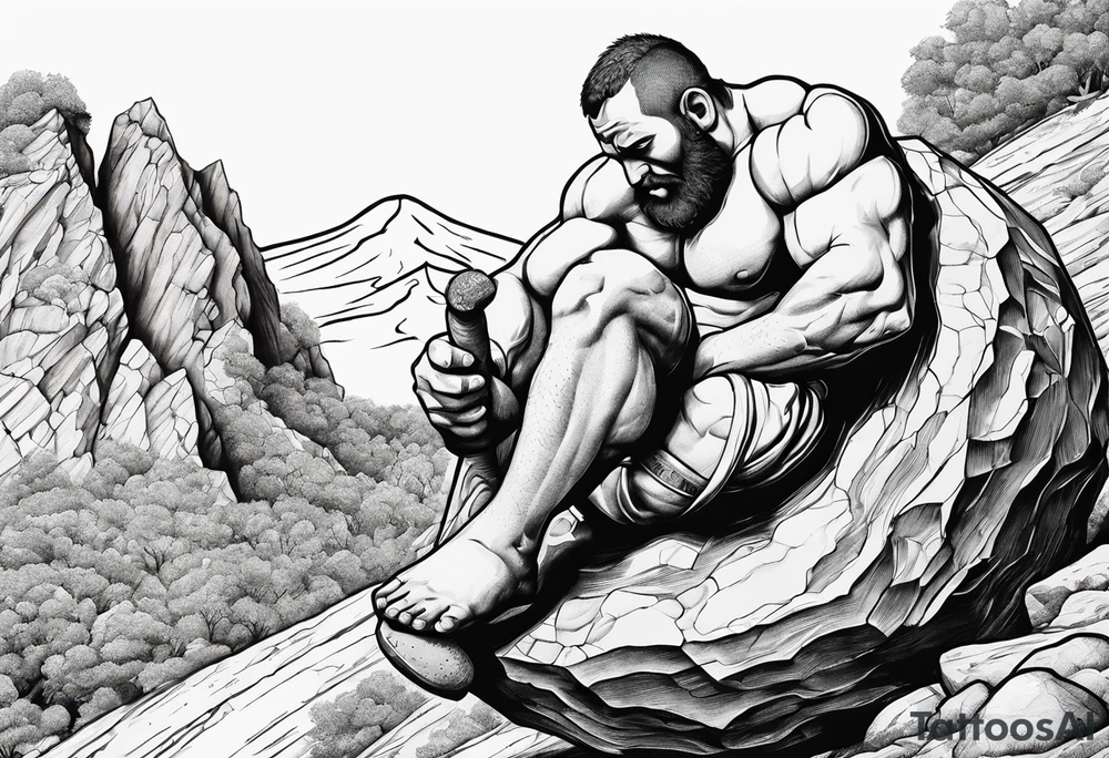 Sisyphus rolling a rock up a hill tattoo idea