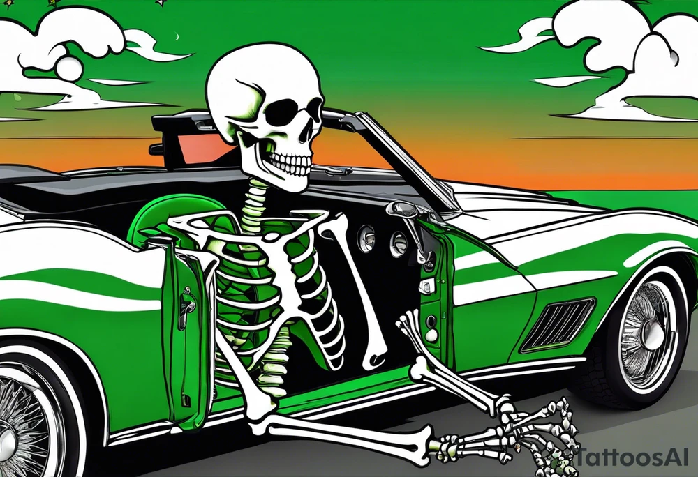 Skeleton smoking a cigarette driving a green 1976 convertible Corvette tattoo idea