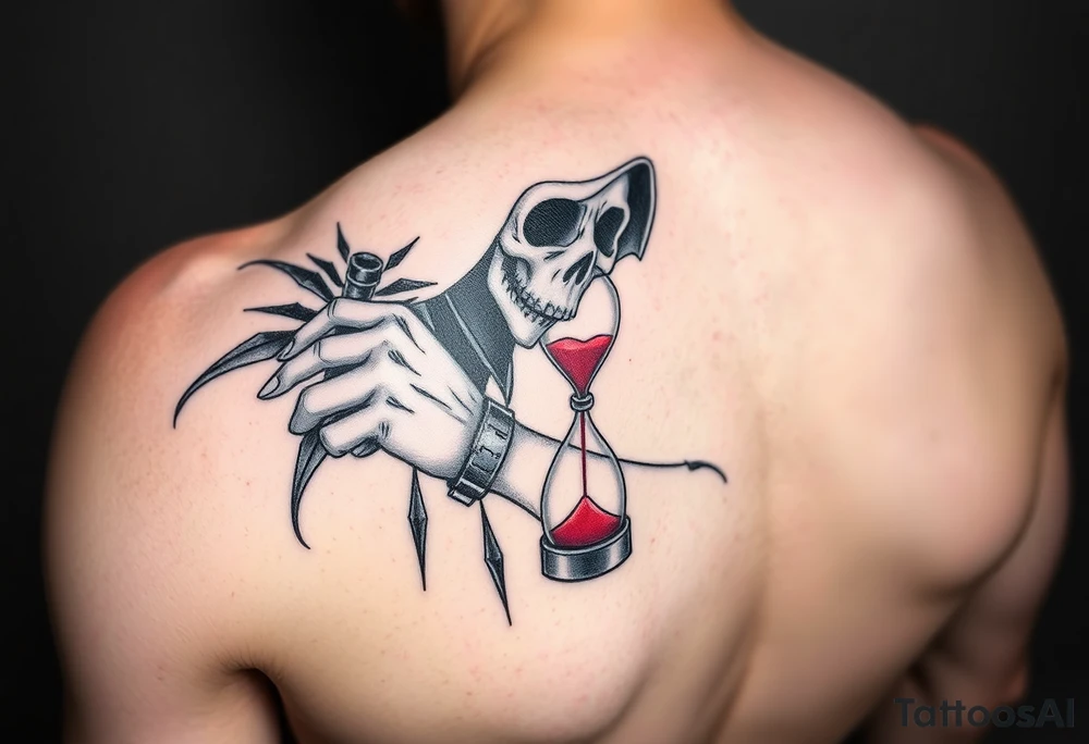 Simple grim reaper looking at a watch on his wrist with a hourglass with red sand and diamond geometric shapes tattoo idea