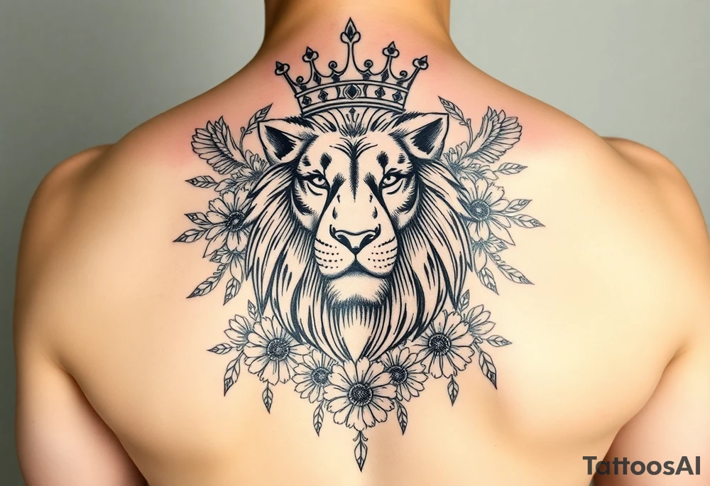 powerful majestic lion with a crown, surrounded by floral ornaments and birds tattoo idea