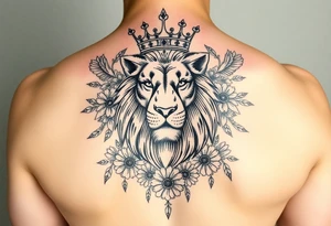 powerful majestic lion with a crown, surrounded by floral ornaments and birds tattoo idea