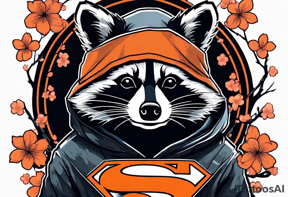 Raccoon wearing a white Superman logo on a black hoodie and orange Japanese cherry blossoms tattoo idea