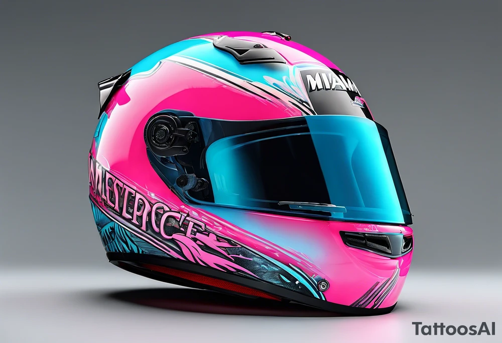 formula 1 helment with miami name a palm three and black light blue and pink colors tattoo idea