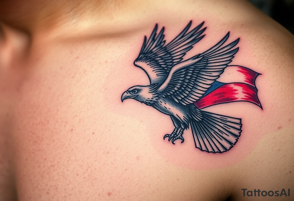 An eagle soaring over a Czech battlefield, carrying a battle-scarred flag, with dramatic light and shadow effects. tattoo idea