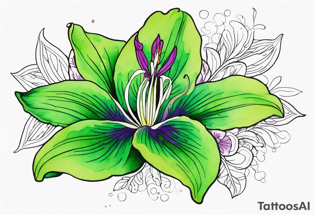 An outline of a rio dipladenia flower with a green/purple watercolor splash in the background tattoo idea