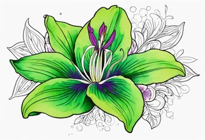 An outline of a rio dipladenia flower with a green/purple watercolor splash in the background tattoo idea