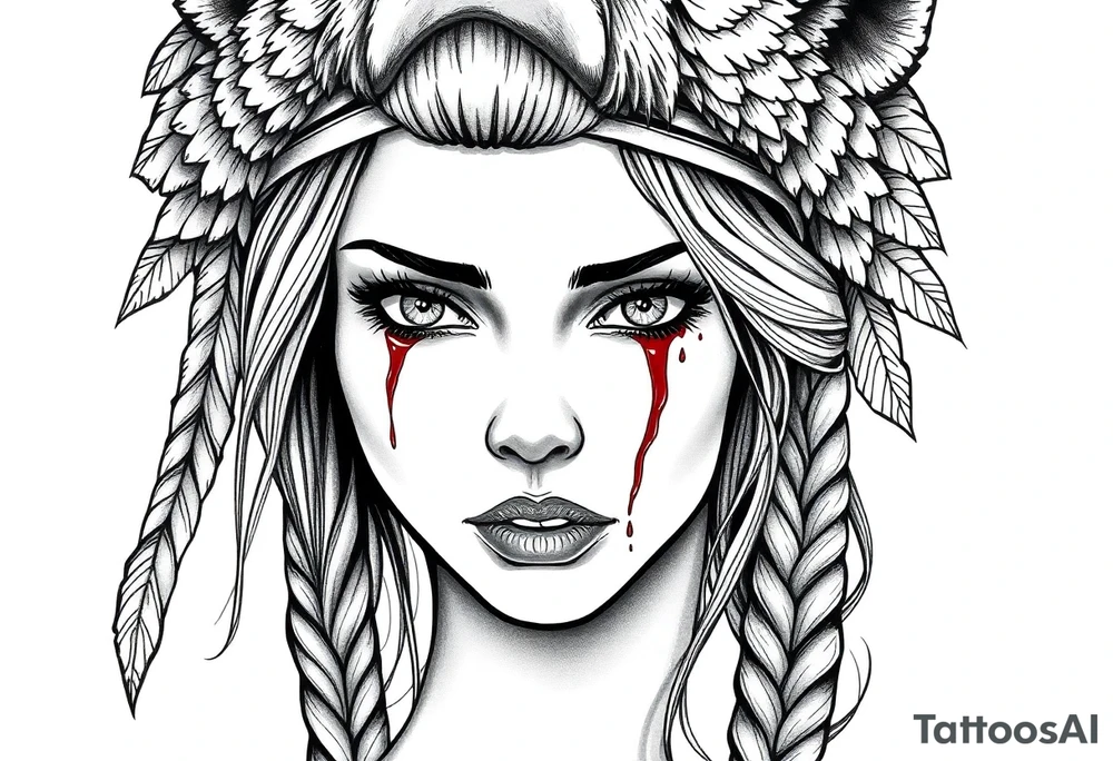 Beautiful Womans shedding a tear, with battle scars and blood on face, wearing a mean looking bear headdress on head tattoo idea