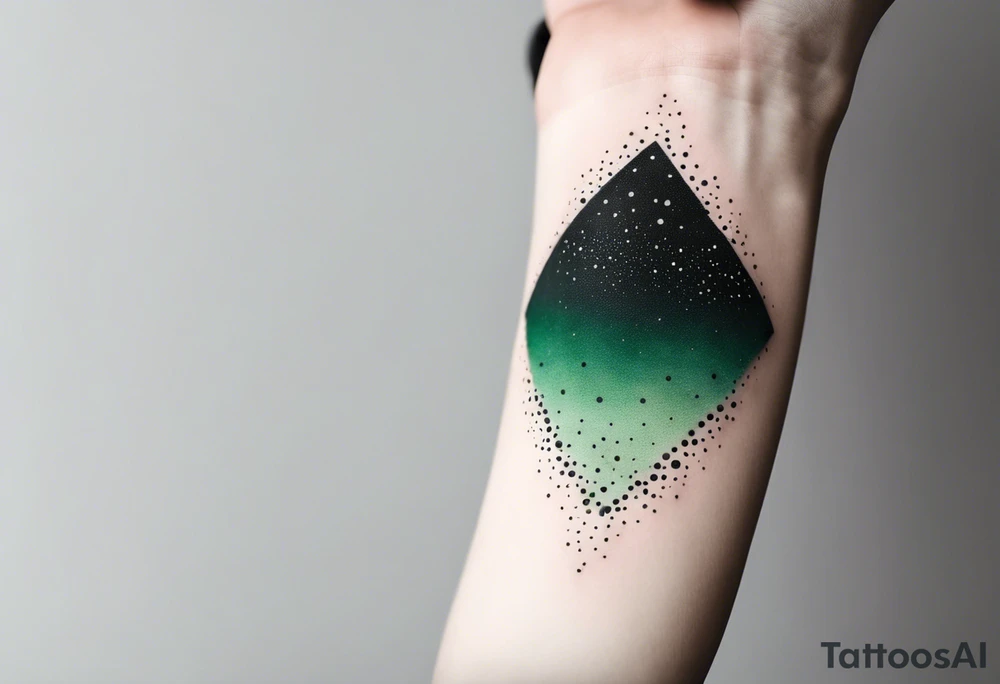 space, abstract, green and black, covered from wrist to forearm, fully covered, no borders, blackwork, no people tattoo idea