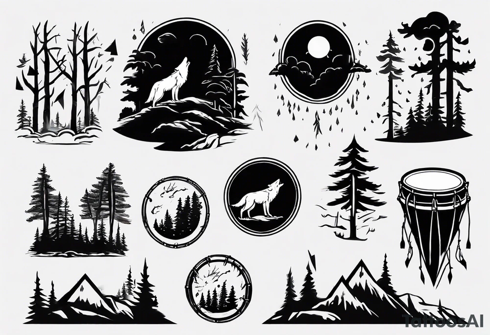 thunderstorm over a forest with a wolf howling on drums tattoo idea thunderstorm over a forest with a wolf howling on drums tattoo idea