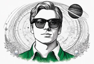 realistic portrait of Joseph Smith Jr. wearing a Dartmouth College shirt, and hypnotic looking sunglasses, with a solar system background tattoo idea