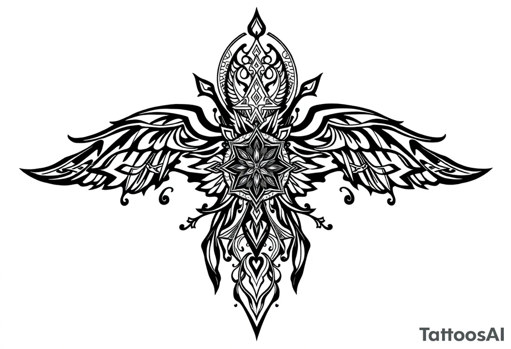 mystical dark and long ornament with shaman and witch style and ancient rhyme tattoo idea