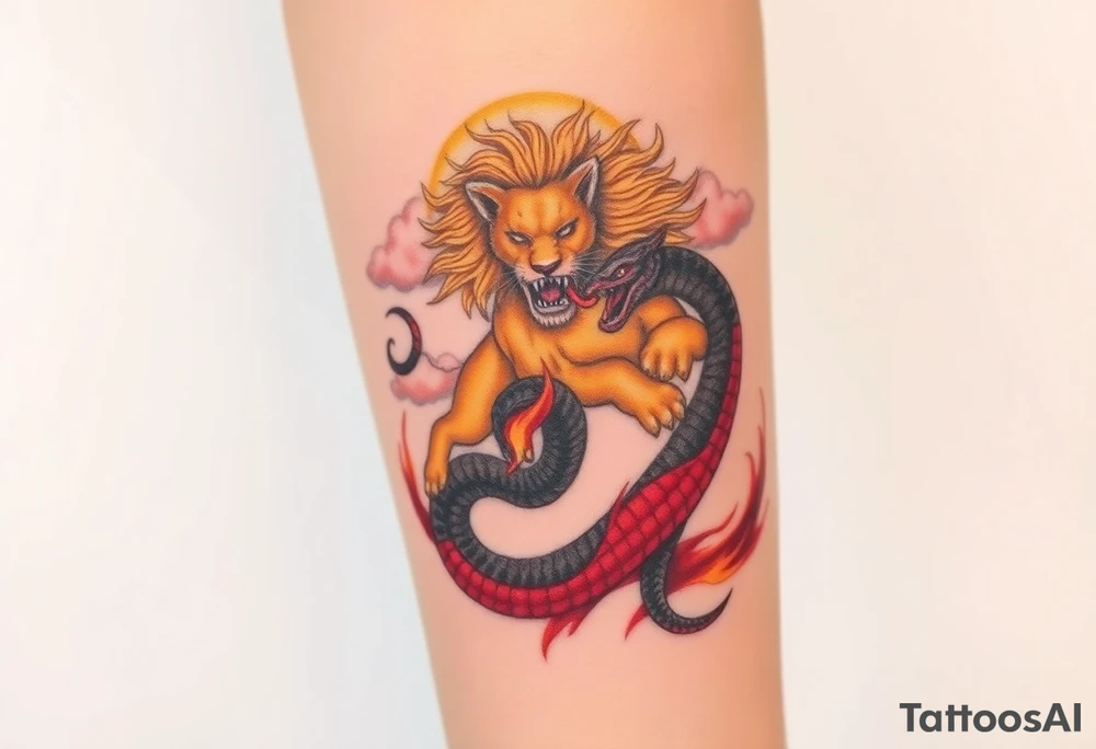 A heavenly lion, golden and majestic, surrounded by clouds and soft light, fighting against a hellish serpent, its body coiled with dark red and black scales, surrounded by flames and smoke, symbolizing an eternal struggle between good and evil forces. tattoo idea