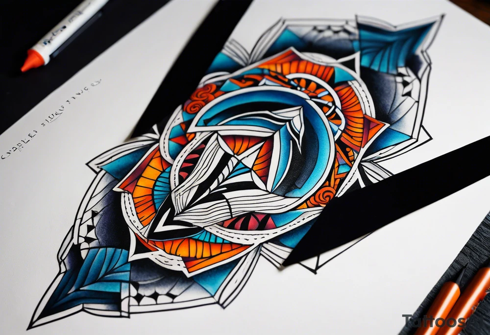 semi Detailed neo traditional knee tattoo flat on paper. The tattoo features geometric patterns and bold lines, creating a visually striking design with slight tints of deep fall colors. The background 
outside the tattoo features deep blues washes and water swirls tattoo idea