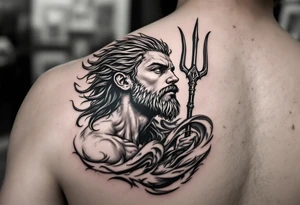 young poseidon, with trident, looking at the horizon tattoo idea