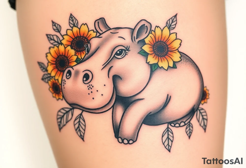 Cute hippo and with sunflowers and carnations realistic and feminine tattoo idea