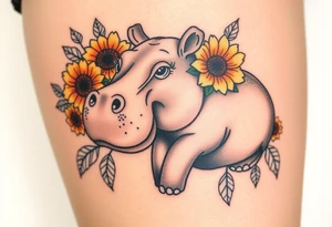 Cute hippo and with sunflowers and carnations realistic and feminine tattoo idea