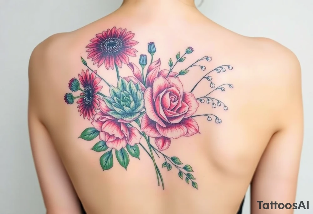 Bouquet of flowers with a garnet color Safire color aster, carnation, rose color rose, Lily of the valley, emerald color delphinium with stems Starting upper middle back to right shoulder tattoo idea
