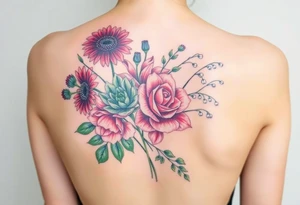 Bouquet of flowers with a garnet color Safire color aster, carnation, rose color rose, Lily of the valley, emerald color delphinium with stems Starting upper middle back to right shoulder tattoo idea