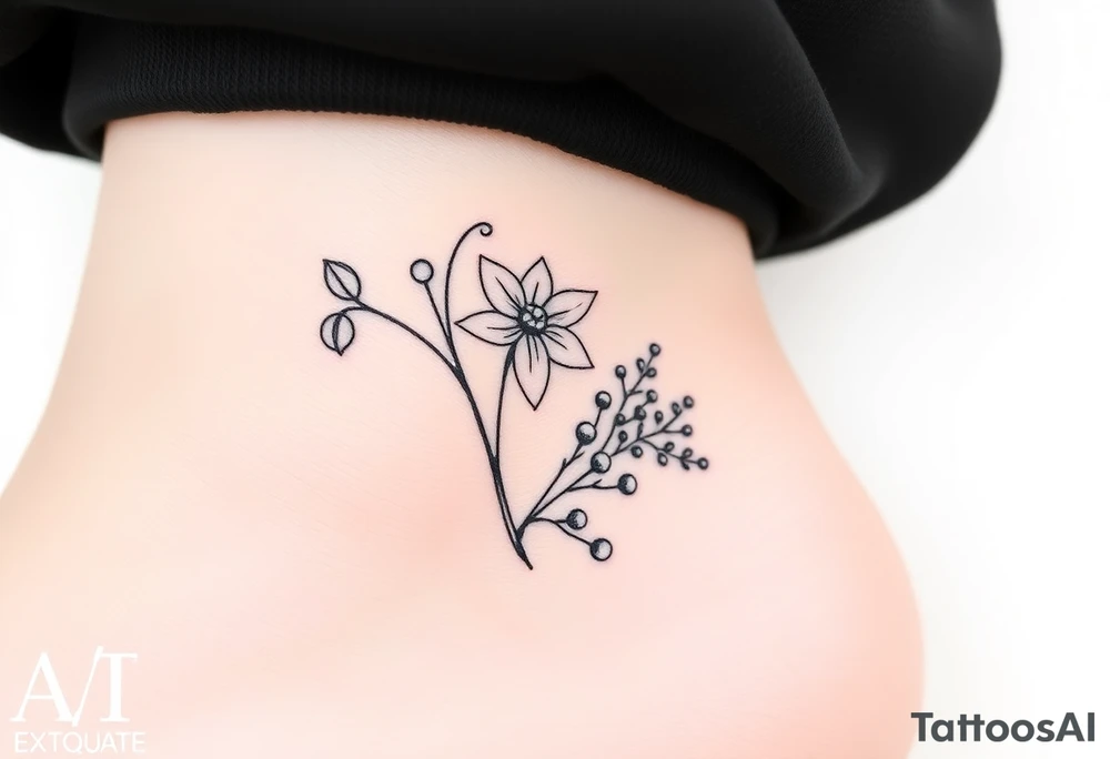 Bouquet of birth months flowers Lilly of the valley, daffodil, larkspur and Ilex aquifolium with berries tattoo idea