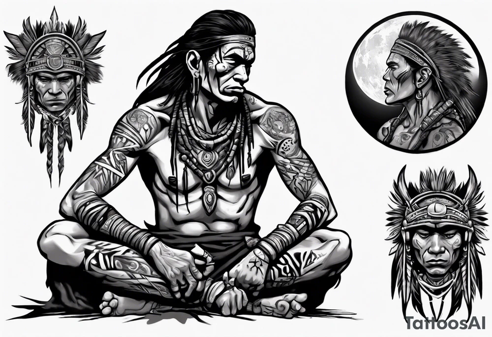 a heartbroken, tired, tribal warrior seeking peace after fighting for decades under the moonlight dark aesthetic tattoo idea