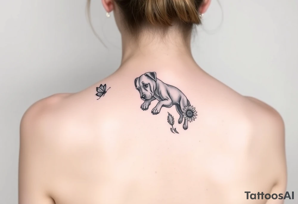 Small tattoo of Great Dane puppy playing in sunflowers and chasing a butterfly. tattoo idea