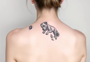 Small tattoo of Great Dane puppy playing in sunflowers and chasing a butterfly. tattoo idea