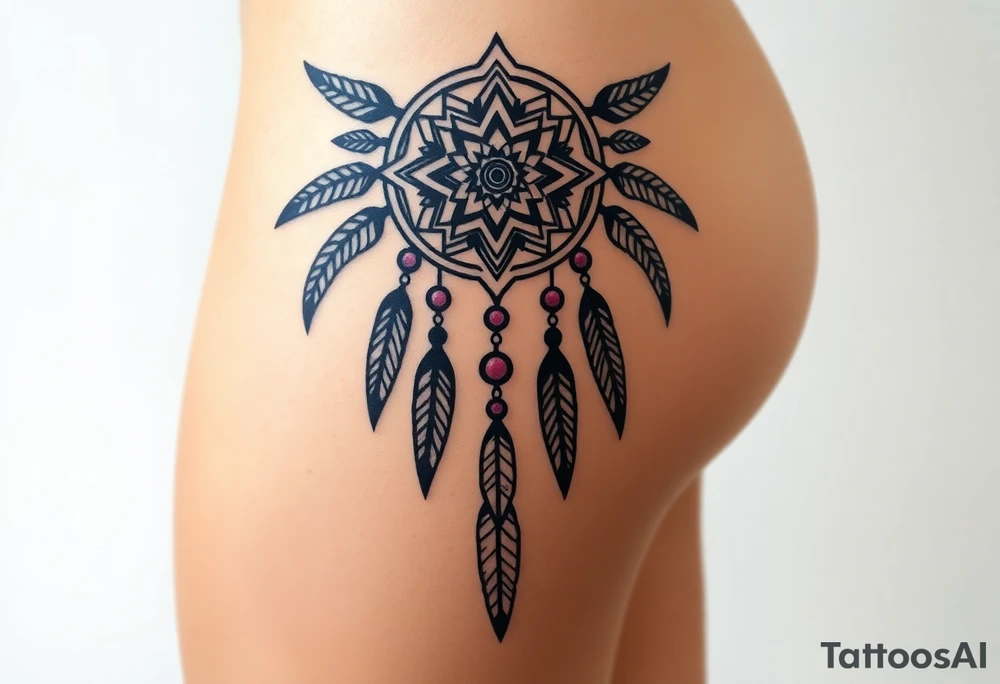 native dreamcatcher with flowing feathers and sacred beads tattoo idea