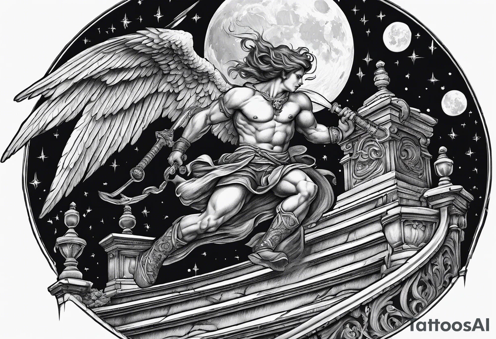 angel fighting a demon w a staircase going up to a moon in the background tattoo idea