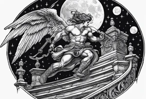 angel fighting a demon w a staircase going up to a moon in the background tattoo idea