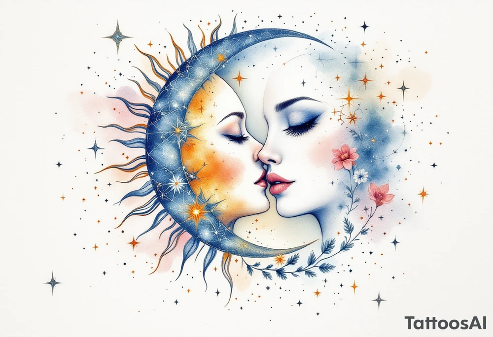 celestial sun and moon embrace with constellation patterns tattoo idea