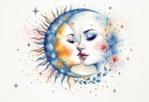 celestial sun and moon embrace with constellation patterns tattoo idea