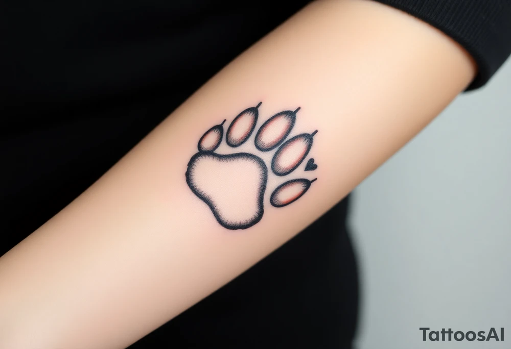 A detailed cat paw print with soft fur textures, using natural tones of cream, gray, and light brown and hearts within tattoo idea