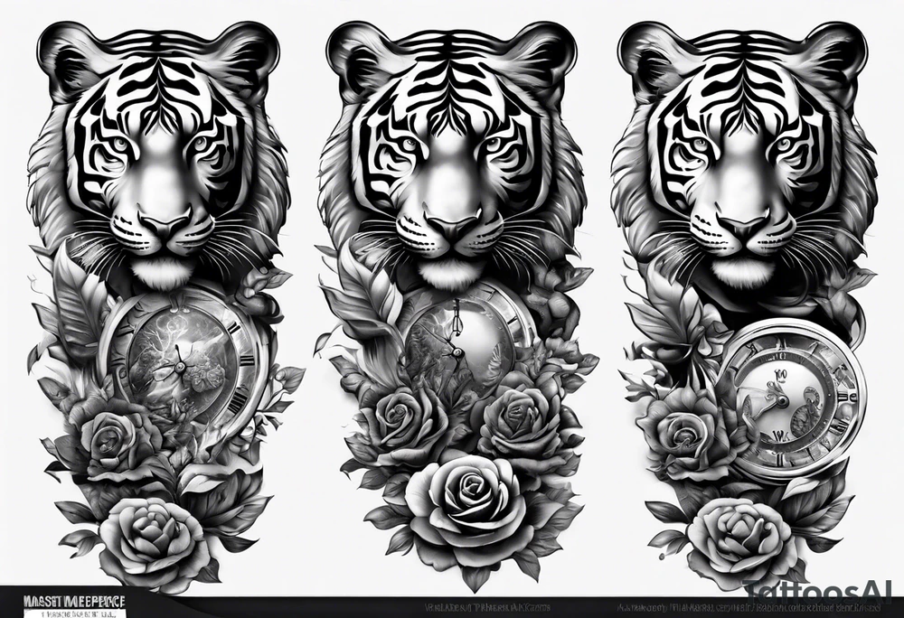 King tiger on top of Hour glass with Brain and heart inside
Full detailed sleeve tattoo idea