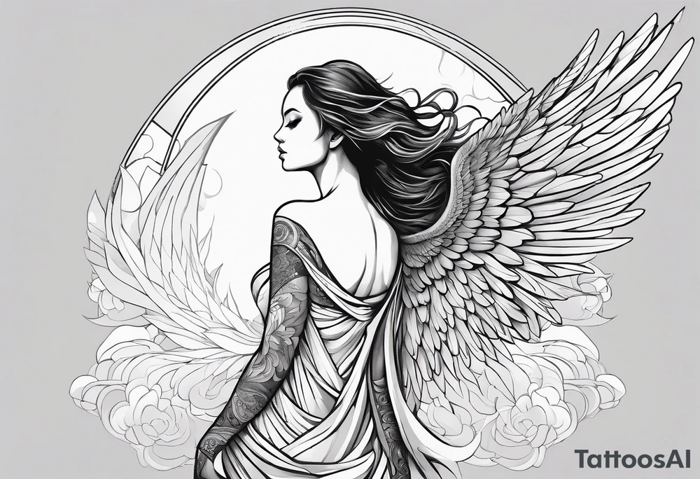 angel woman with big wings full body flying on the sky looking right side we can see right profile tattoo idea