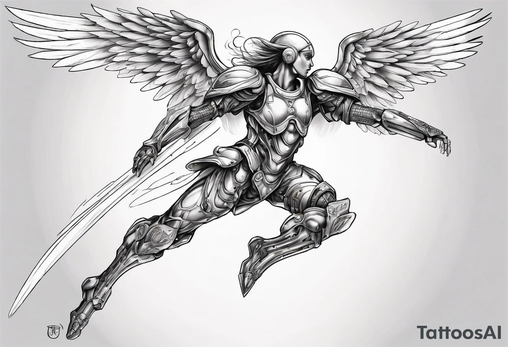 Side view of an angel wearing inorganic armor that is in mid-air in attack position. tattoo idea