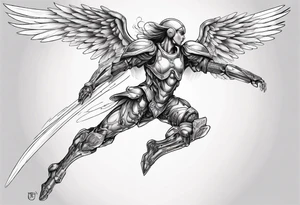 Side view of an angel wearing inorganic armor that is in mid-air in attack position. tattoo idea