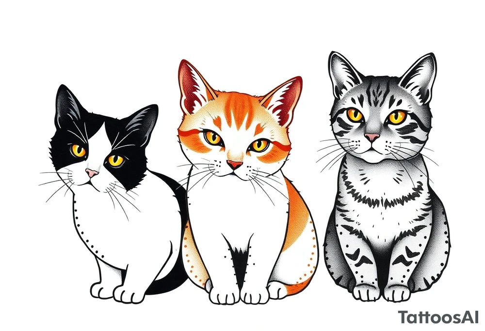 three cats, one black and white cat, one orange and white cat and one grey tabby cat tattoo idea