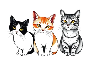 three cats, one black and white cat, one orange and white cat and one grey tabby cat tattoo idea