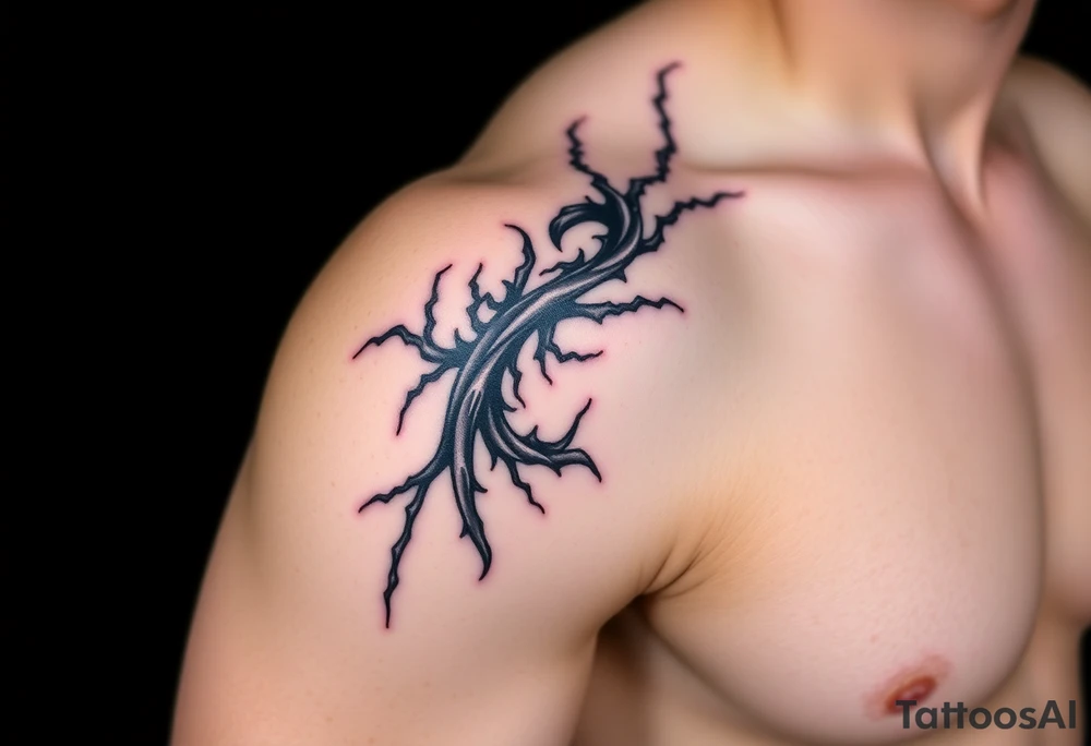 I want a tattoo inspired by the character Izuku midorya from my hero academia. I want his black whip and lighting across my bicep, shoulder and leading slightly to my traps. I want it to be sharp. Not lacking or cringy. Sharp. I don’t want the character or the characters arm. I want the black whip and lighting. tattoo idea