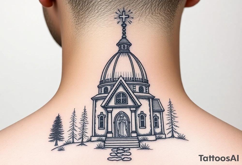 Traditional russian orthodox bulb dome church in a wilderness setting with a prominent orthodox style virgin mary tattoo idea