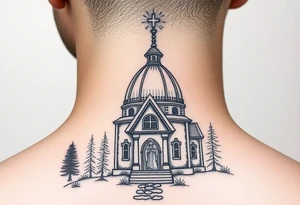 Traditional russian orthodox bulb dome church in a wilderness setting with a prominent orthodox style virgin mary tattoo idea