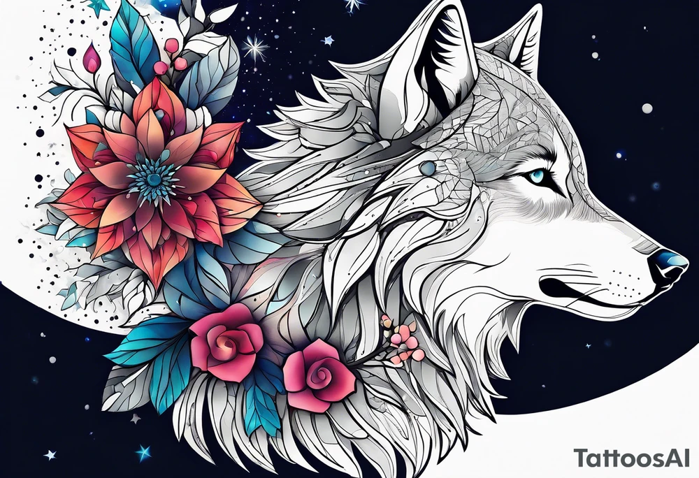 Constellation, animal wolf snow , géométric , flower tattoo idea