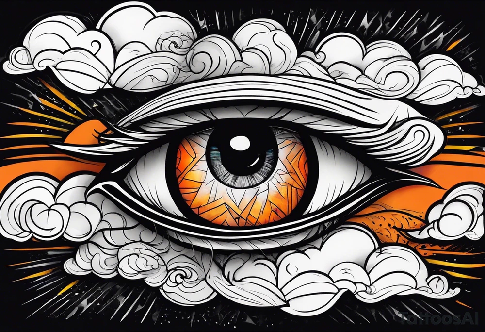 simple eyeball in dark stormy clouds with orange lightning coming from the clouds tattoo idea