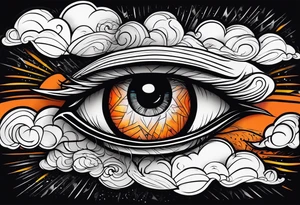simple eyeball in dark stormy clouds with orange lightning coming from the clouds tattoo idea
