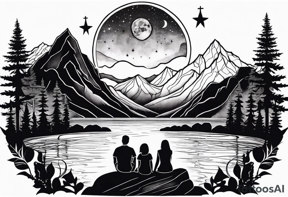 a family of three sitting in a nature with mountains, waterfall, water, and a cross in the background and and moon in the sky with stars tattoo idea