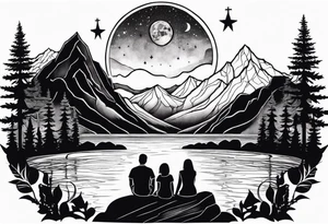 a family of three sitting in a nature with mountains, waterfall, water, and a cross in the background and and moon in the sky with stars tattoo idea