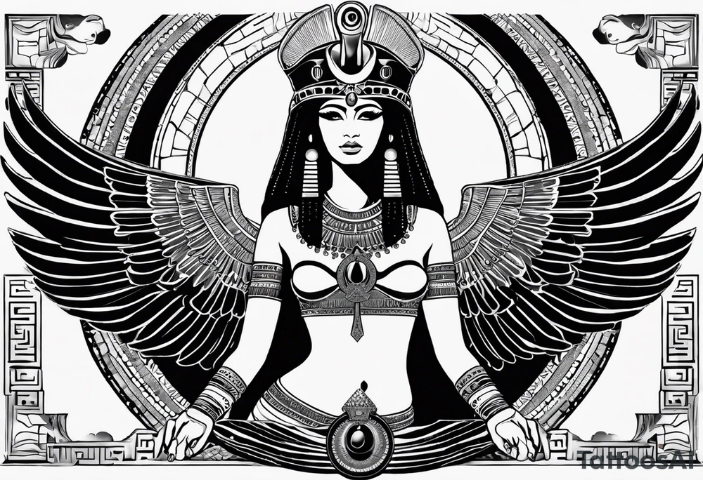 black and white Egyptian goddess Isis, who is often depicted as a woman with outstretched wings, holding an ankh (a symbol of life) in one hand and a lotus flower in the other. Her headdress often includes a throne or a solar disk. The tattoo design can vary in style and size, but it typically aims to capture the essence of this revered Egyptian deity, emphasizing her beauty, power, and maternal qualities. The choice of colors and additional elements can also be customized to create a unique and visually striking representation of the goddess Isis tattoo idea