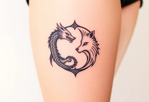 Ying yang symbol with one side a dragon and one side a wolf tattoo idea
